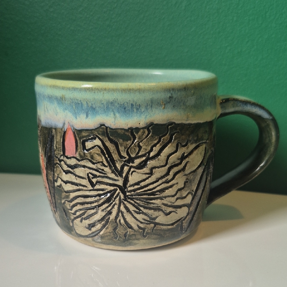 Handmade Ceramic Mug with Passion Fruit Flower greenPink Plant Pottery